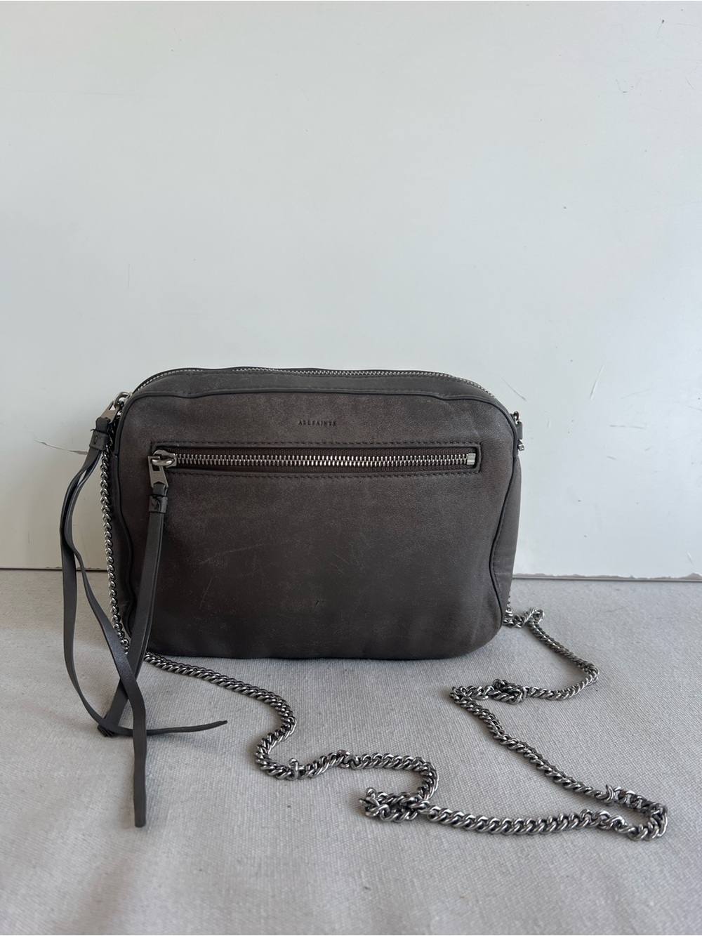 AllSaints Dark Gray Leather Crossbody Bag with Chain Strap
